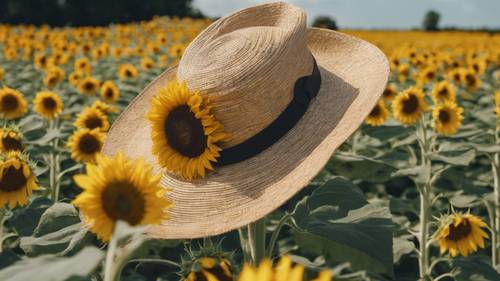 Ein bezauberndes Bild eines Sonnenblumenfeldes mit der Aufschrift „Ruhe ist die Mutter der Weisheit“, die auf einen achtlos auf dem Feld liegen gelassenen Strohhut gestickt ist.