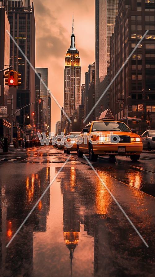 Strade della città al tramonto con taxi giallo