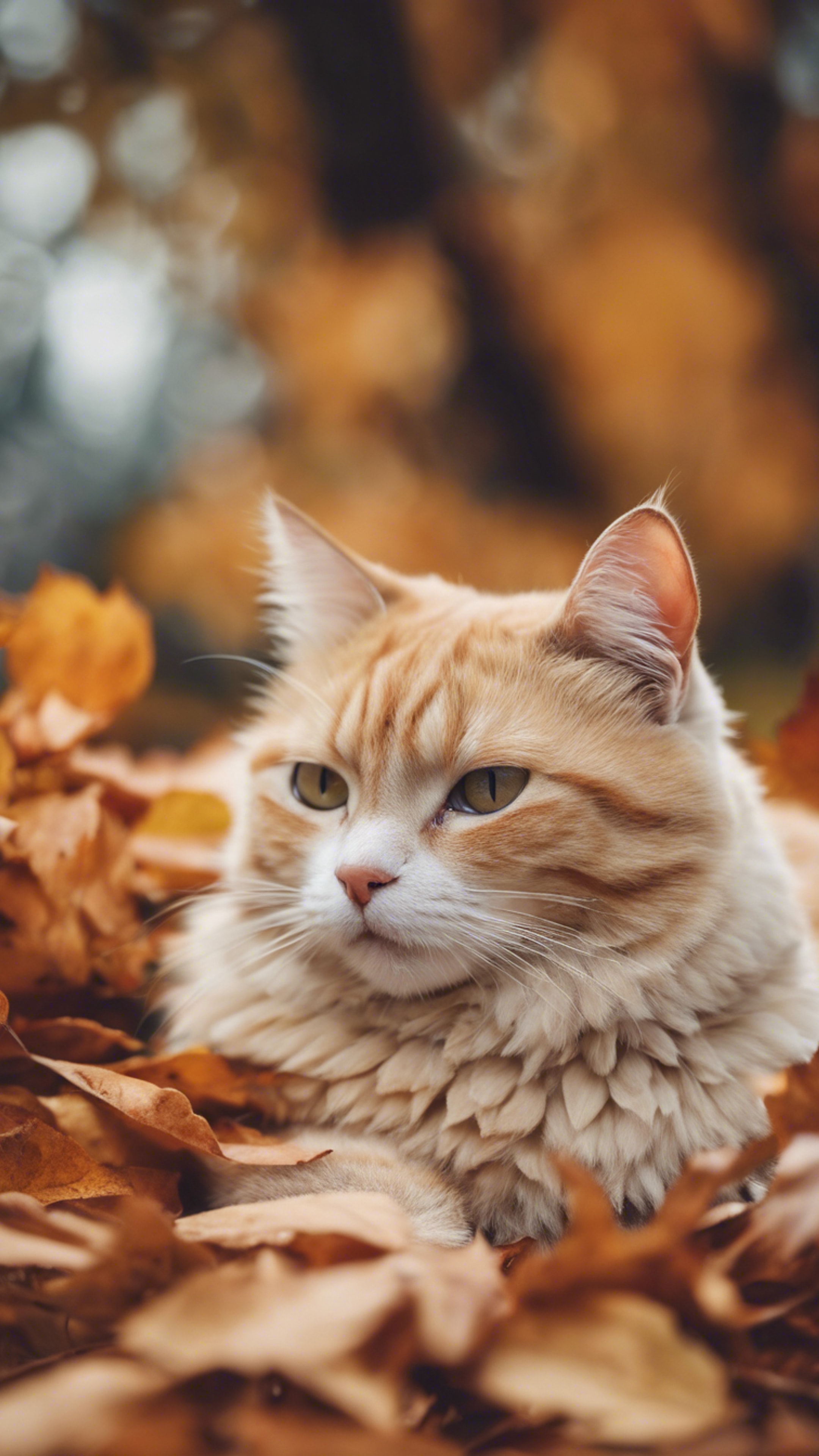 A cute beige cat with a white underbelly is comfortably nestled among a pile of autumn leaves. Wallpaper[0b5114ac3ed6468eb2c7]