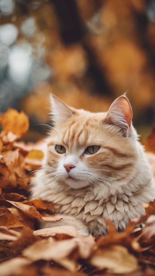 A cute beige cat with a white underbelly is comfortably nestled among a pile of autumn leaves.