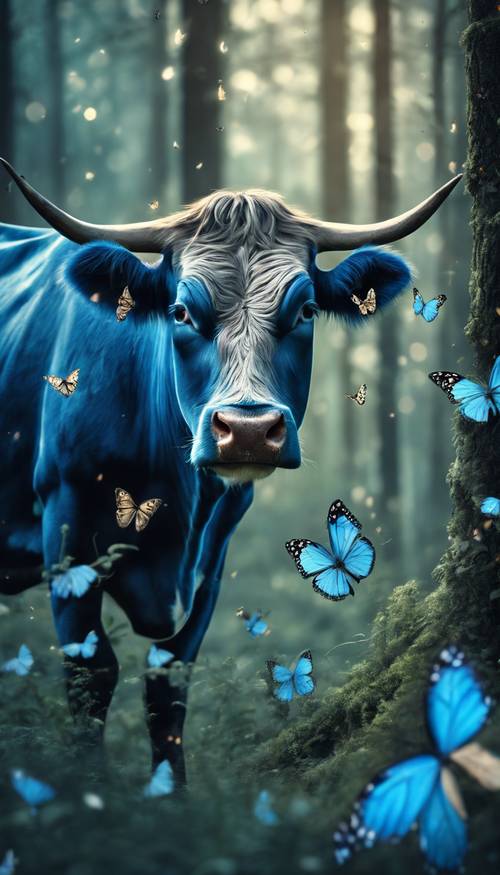 Mistik bir ormanda kelebek sürüsüyle çevrili mavi bir inek.