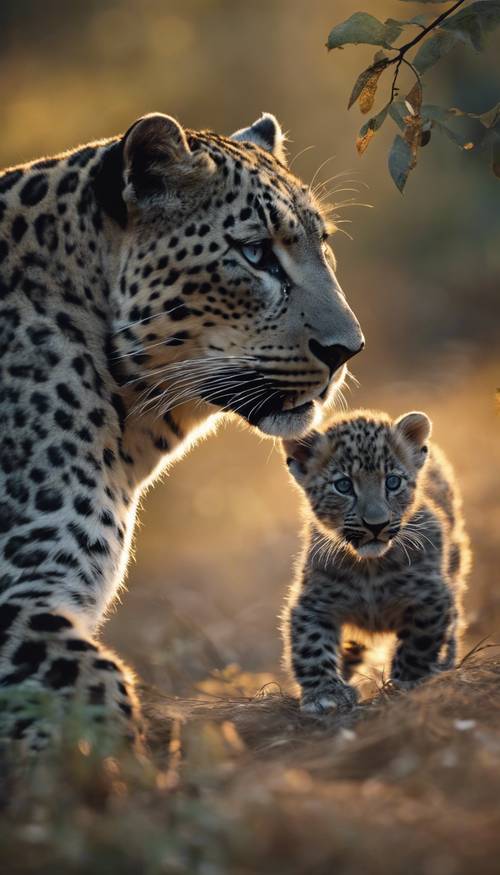 A mother gray leopard teaching her little cub to stalk in a dense forest during dusk.