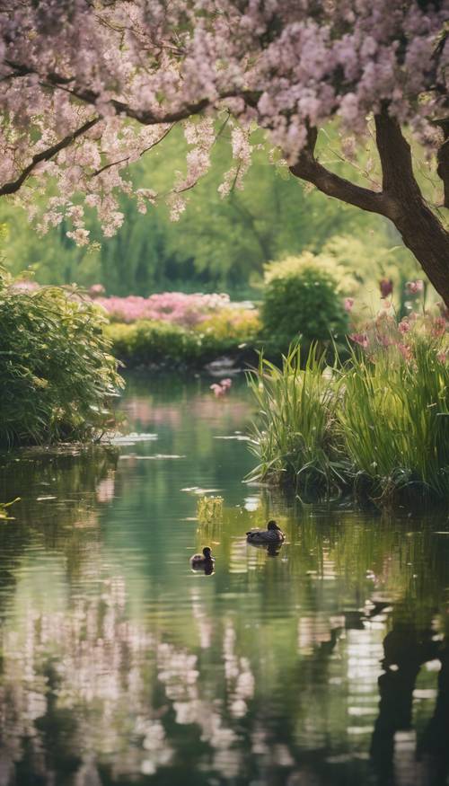 A family of ducks leisurely swimming across a tranquil pond framed by lush greenery and spring blooms.