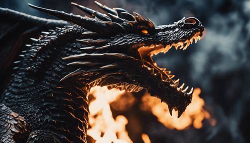 Một con rồng đen hung dữ thở ra ngọn lửa nóng trắng vào ban đêm.