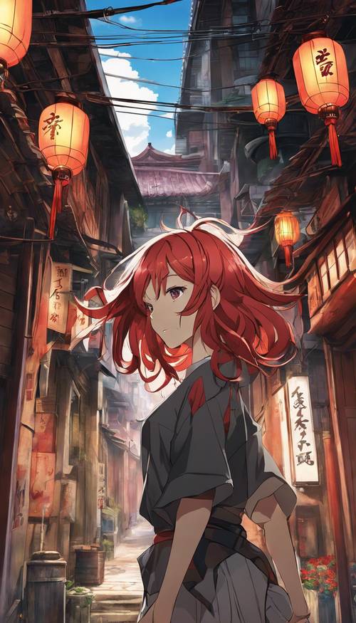 Portada de una dramática película de anime china que muestra a una protagonista femenina desafiante con cabello escarlata que desafía la gravedad caminando por un callejón iluminado por linternas.