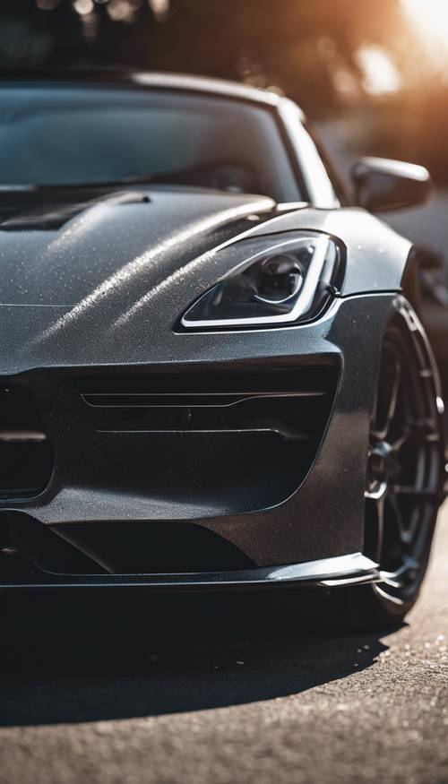 The dark grey textured hood of a sports car glistening in the sun.