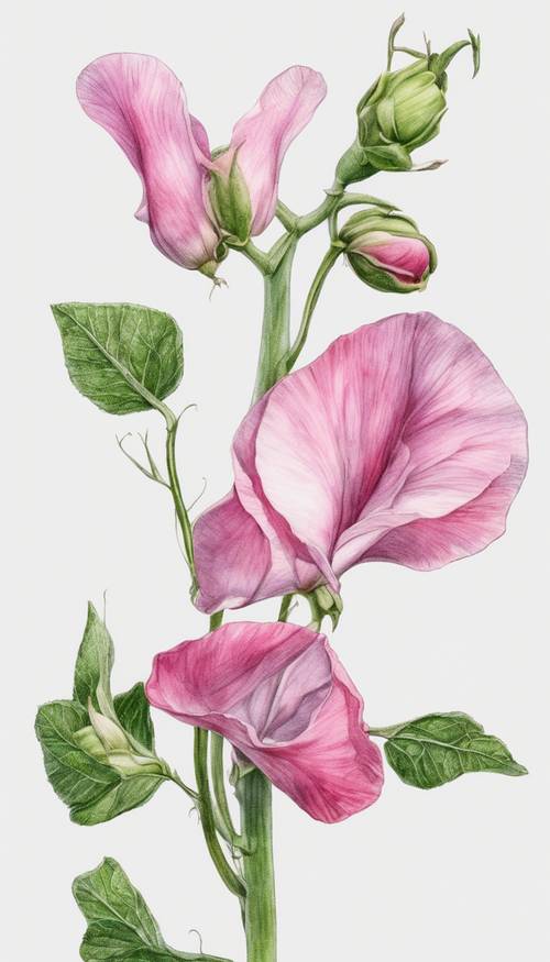 A meticulous botanical illustration of a sweet pea flower, stem, and leaves against a white background.