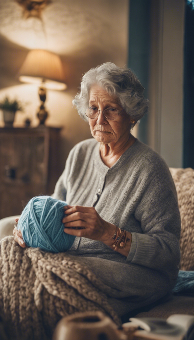 A gentle grandmother with a calming blue aura, knitting in her cozy living room filled with tender warmth. Wallpaper[82cb9e6c772c4551be59]