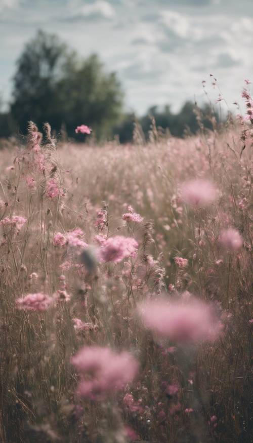 Une scène surréaliste d’un champ envahi par l’herbe grise sauvage et de hautes fleurs roses.