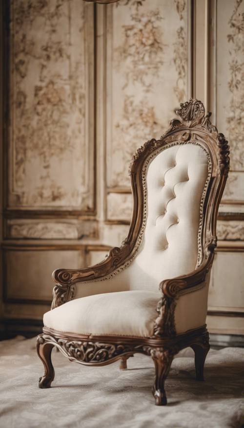 Uma cadeira antiga estofada com tecido de linho creme em um quarto com decoração vintage.