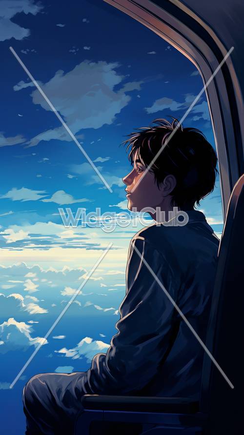 飛行機の窓から外を見る男の子の壁紙　- 雲の空を眺める気持ちよく飛行中 -
