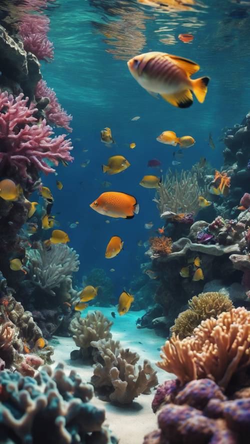 Eine ruhige Unterwasserszene, die ein lebhaftes Korallenriff mit einer Vielzahl tropischer Fischarten zeigt.