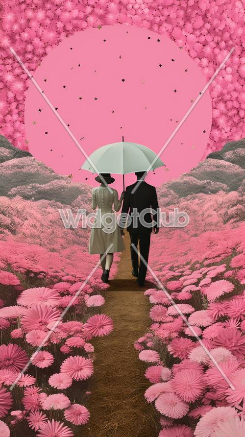 Sendero de los cerezos en flor con una pareja compartiendo un paraguas