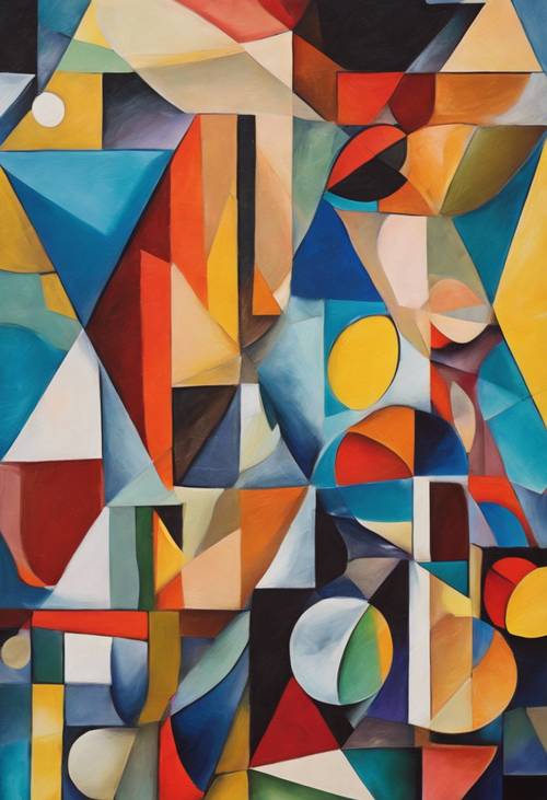 An abstract painting of brightly colored geometric shapes, reminiscent of a Picasso cubist period. Behang [f23cde29958841deafe4]