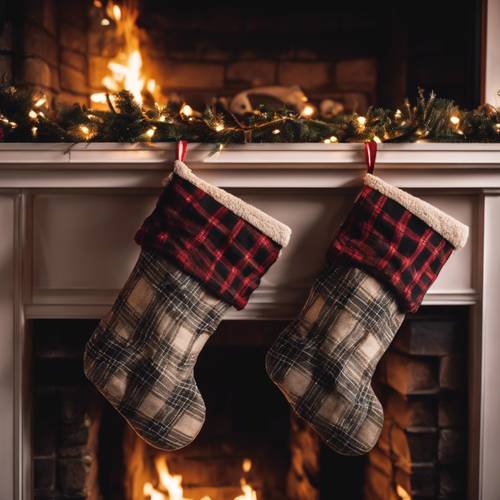 Nahaufnahme eines dunkelkarierten Weihnachtsstrümpfes, der an einem prasselnden Feuer hängt.