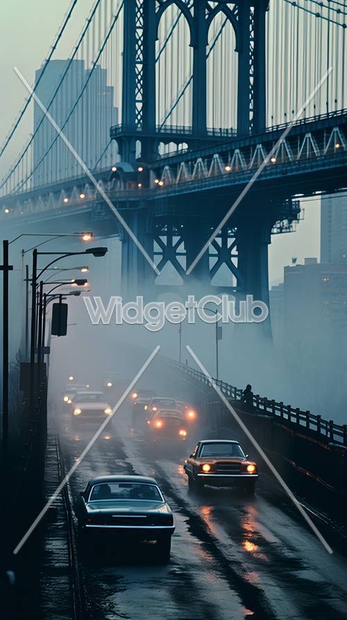霧のかかった都市を横断するドライブ