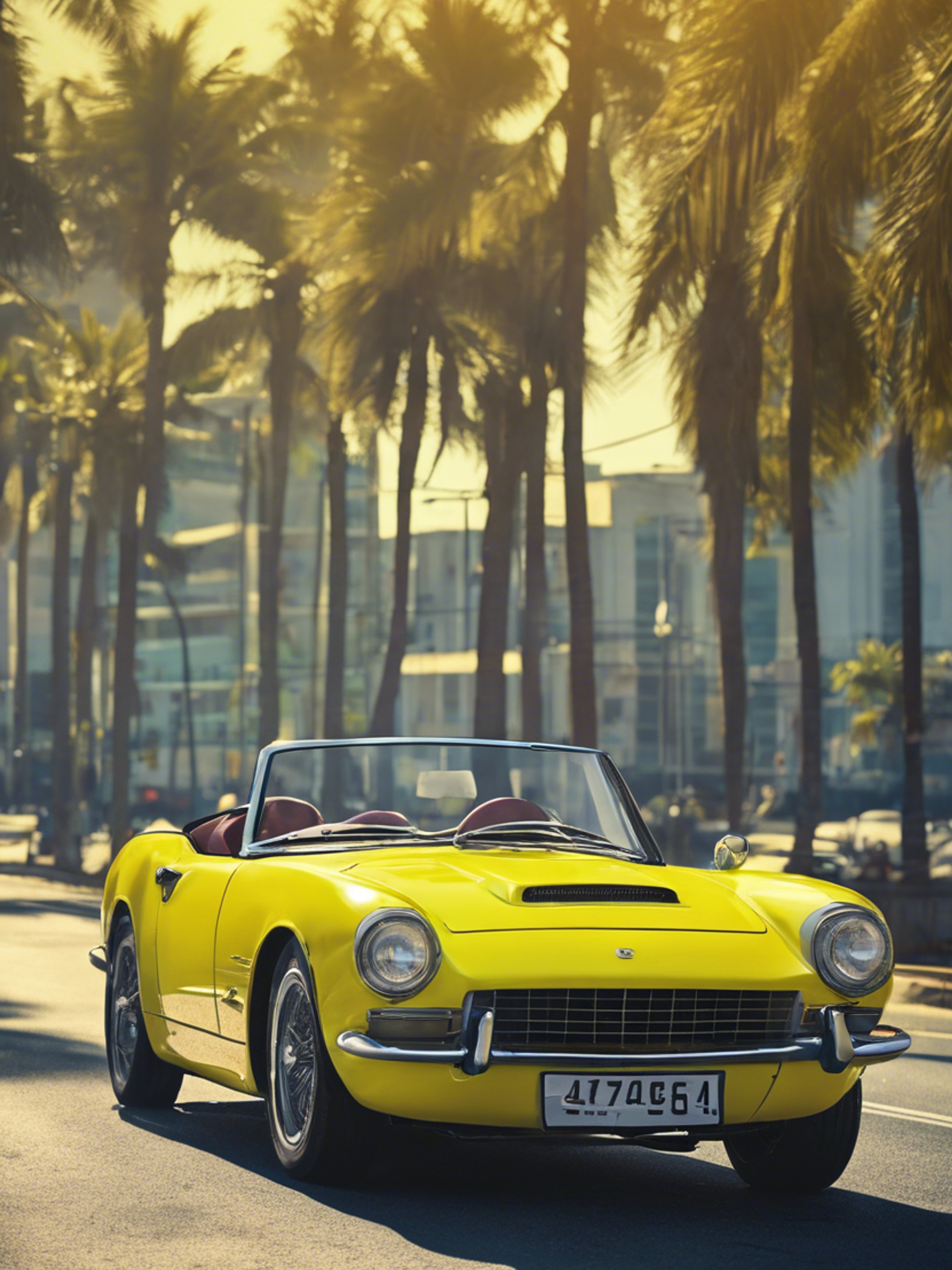 A convertible sports car in an intense shade of neon yellow speeding on a coastal road.壁紙[850ce204db8d4241b0df]