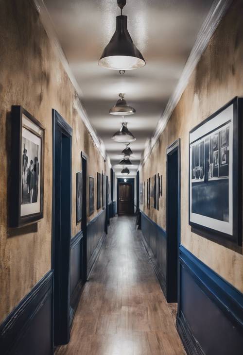 A textured navy blue painted hallway with old photos hanging on the wall.