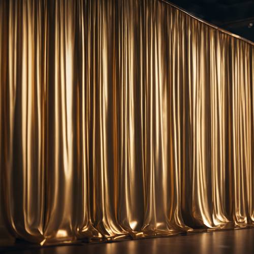 Un rideau métallique doré reflétant les projecteurs sur une scène de théâtre.