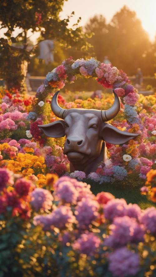 Un giardino pieno di fiori colorati a forma del segno zodiacale del Toro al centro, ripreso durante il tramonto dorato.