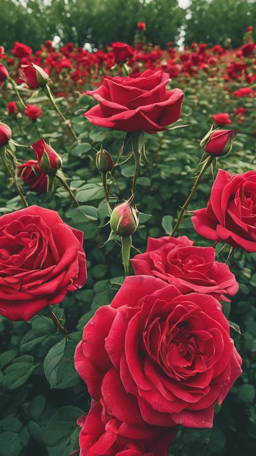 Cánh đồng hoa hồng đỏ rực rỡ dưới bầu trời mùa hè trong xanh