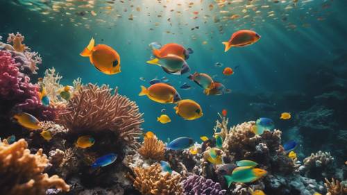 Pemandangan bawah laut terumbu karang yang dipenuhi ikan berwarna-warni.