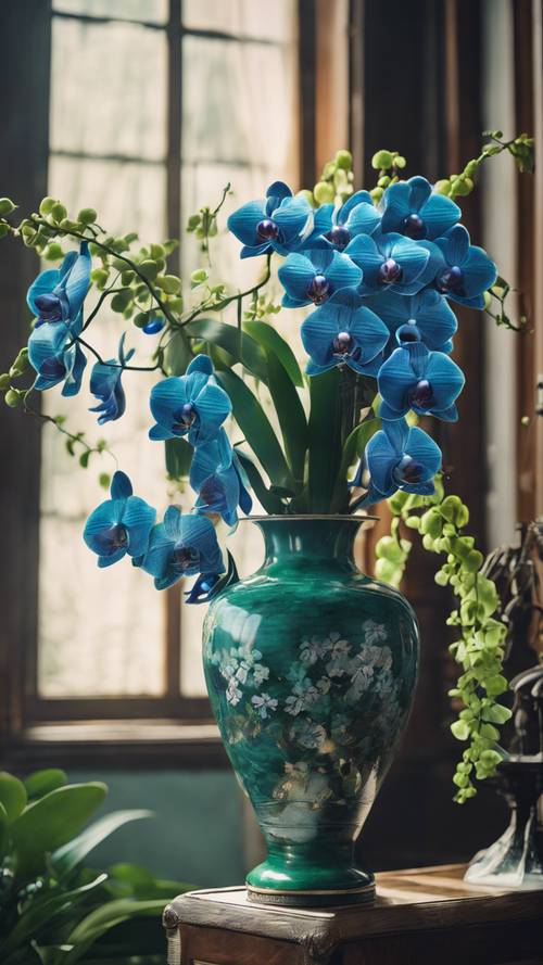 An abundance of blue orchids and jade-green leaves overflowing from a vintage vase.