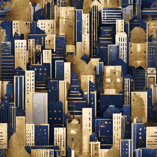 The pattern represents an abstract interpretation of a cityscape in an elegant navy and gold palette.