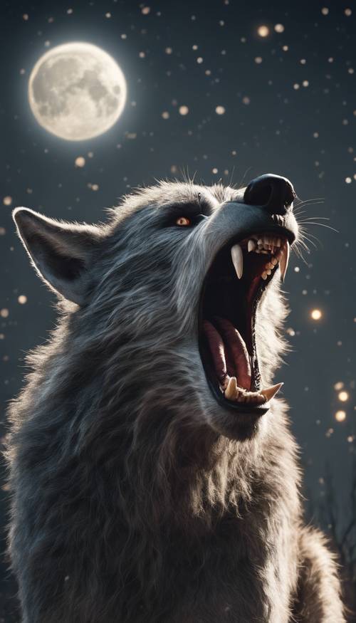 Splendida inquadratura ravvicinata di un lupo mannaro che ulula alla luna piena argentata