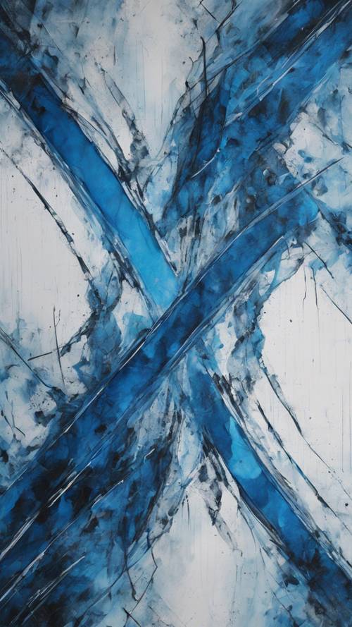 A blue abstract painting with jagged lines crisscrossing each other.