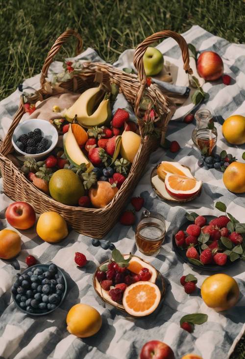 A flat lay image of a picnic setting, with a variety of fruits amidst grass, in daylight.