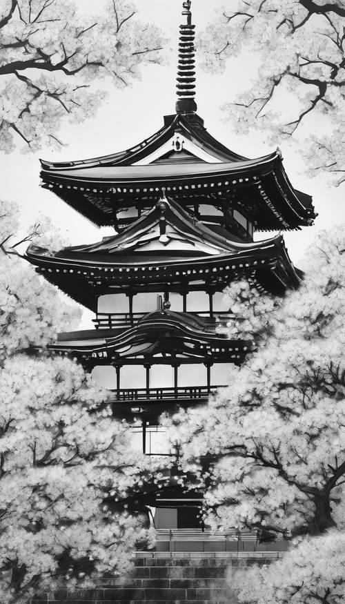Sketsa hitam putih yang tenang dari kuil tradisional Jepang yang dikelilingi oleh bunga sakura