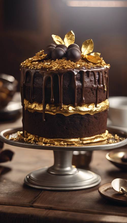 소박한 갈색 테이블 위에 반짝이는 금박 토핑을 얹은 호화로운 초콜릿 케이크입니다.
