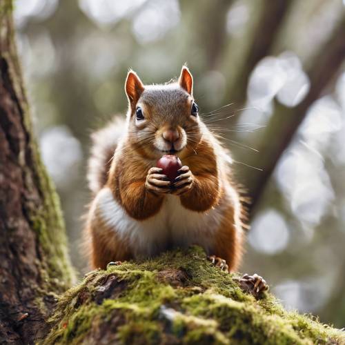 Um curioso esquilo castanho claro mordiscando uma bolota, empoleirado no topo de um tronco de árvore coberto de musgo.