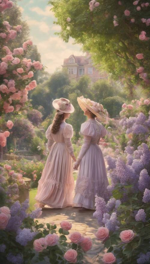 A romantic mural of Victorian ladies strolling through a lush garden filled with blooming roses and lilacs, painted in pastels.