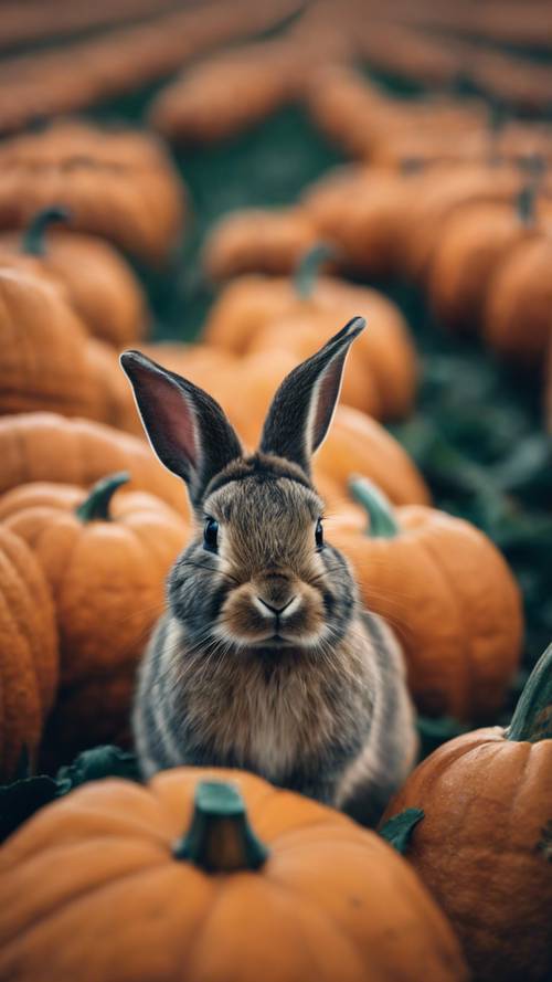 A curious little rabbit with spotted fur exploring a pumpkin patch at dusk.