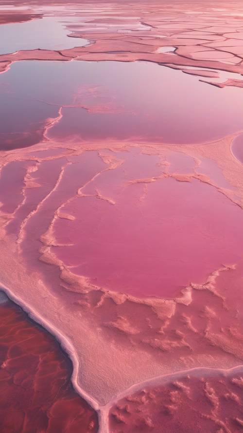 Uma vista aérea de uma salina rosa refletindo os tons dourados do sol poente.