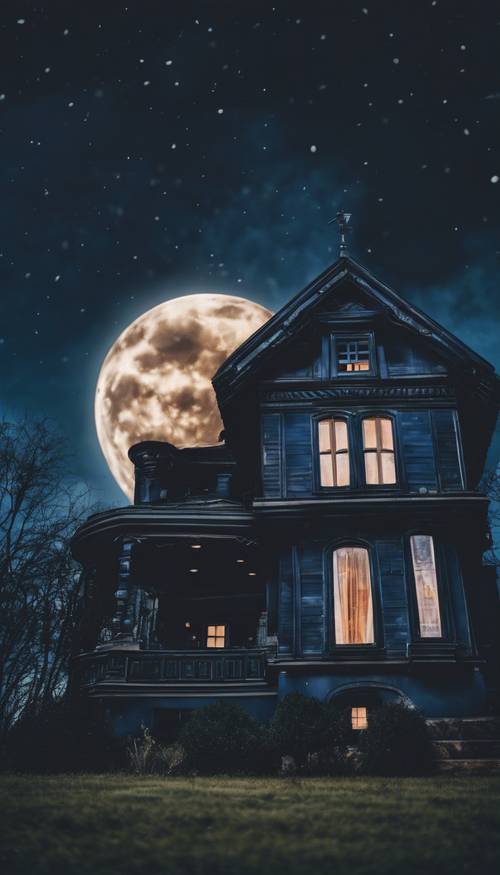 A dark haunted house emoji with a moon in midnight blue sky.