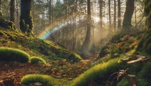 A rainbow arching over a mossy, enchanted forest