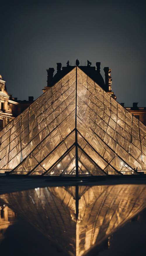 Silhouette sombre de la pyramide du Louvre dans la nuit brumeuse éclairée par les lumières de la ville.