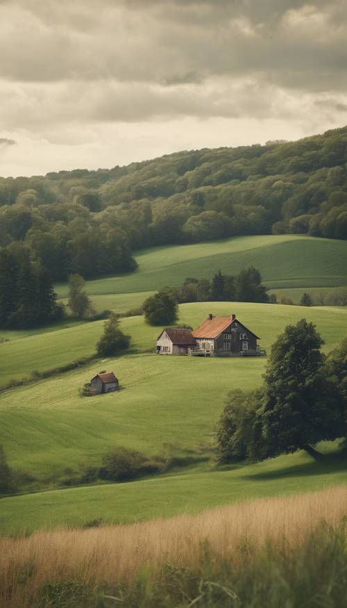 Una escena campestre antigua con colinas verdes y una casa de campo rústica ubicada entre los árboles.