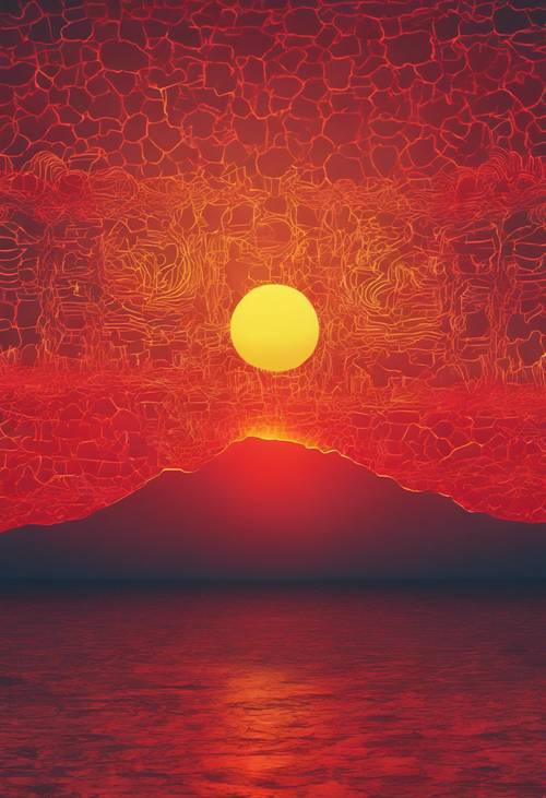 Un motivo artistico caratterizzato da effetti sfumati di rosso neon e giallo che creano un tramonto da sogno.