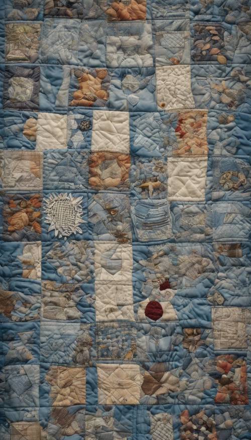 A close-up image of an intricate quilt, with patches of various shades of vintage blue. Tapeta [b4f12e3c94654670ae8f]