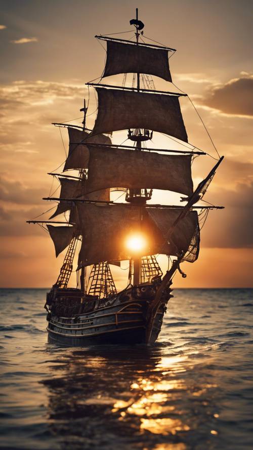 Una nave pirata avventurosa che naviga verso il tramonto, con la frase &quot;L&#39;avventura ti attende&quot; che compare come direzione sulla bussola consumata dalle intemperie della nave.