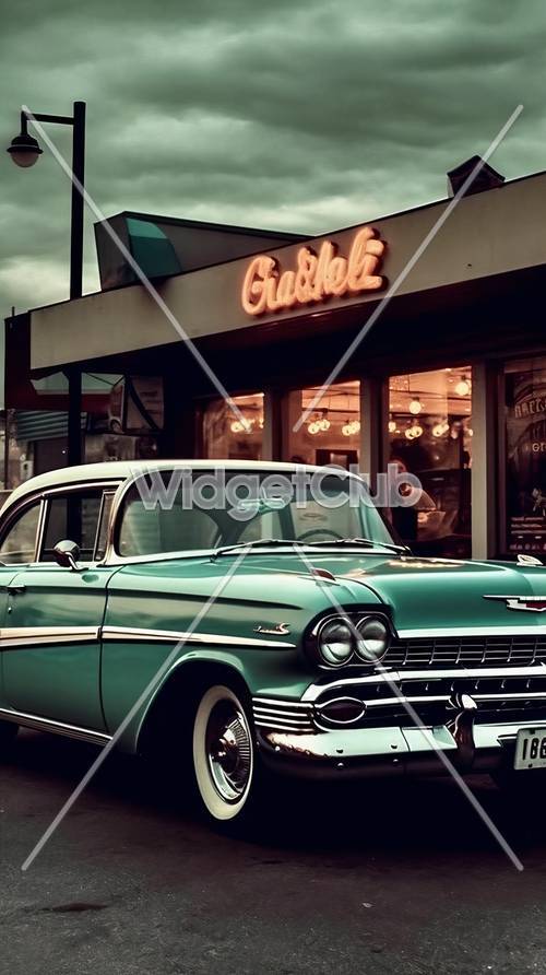Cena de lanchonete vintage e carros clássicos