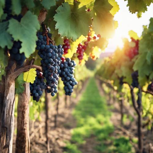 Um cenário de colheita abundante com vinhedos verdes com cachos de uvas vermelhas.