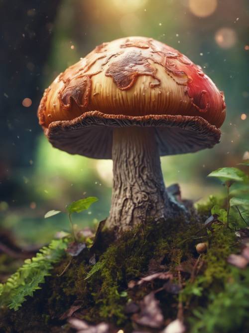 Inspirowany baśniami grzyb z kapryśnymi spiralami i jaskrawo kolorową czapką rosnący pod gigantycznym drzewem.