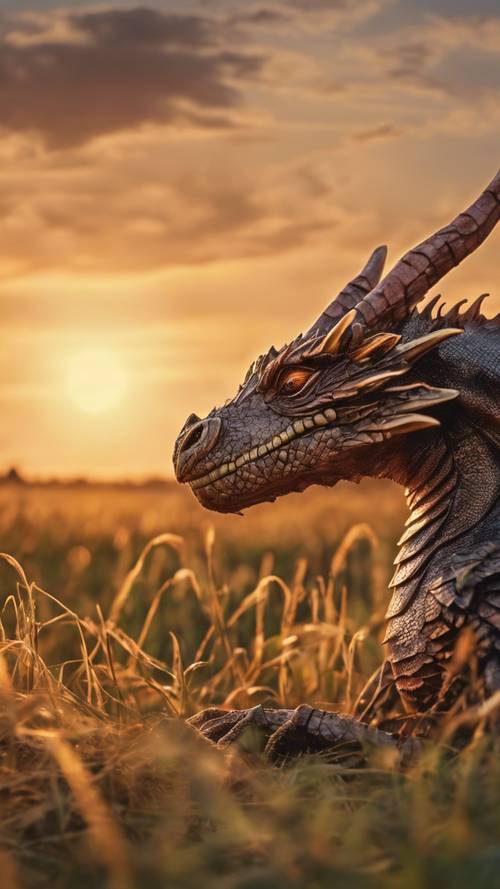 A resting dragon basking in the warm glow of a field at sunset, cicadas chirping in the background.