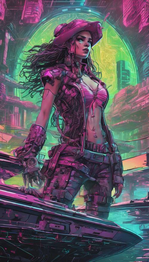 Cybernetic pirate woman commanding a digital ship in the midst of a data storm.