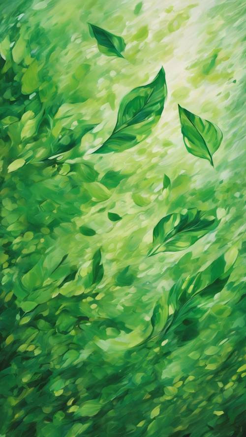 An abstract painting of green leaves fluttering in the wind.